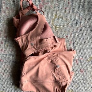 Lululemon matching peach set. Size 12 pant with 25’ length and 36/38 DD bra